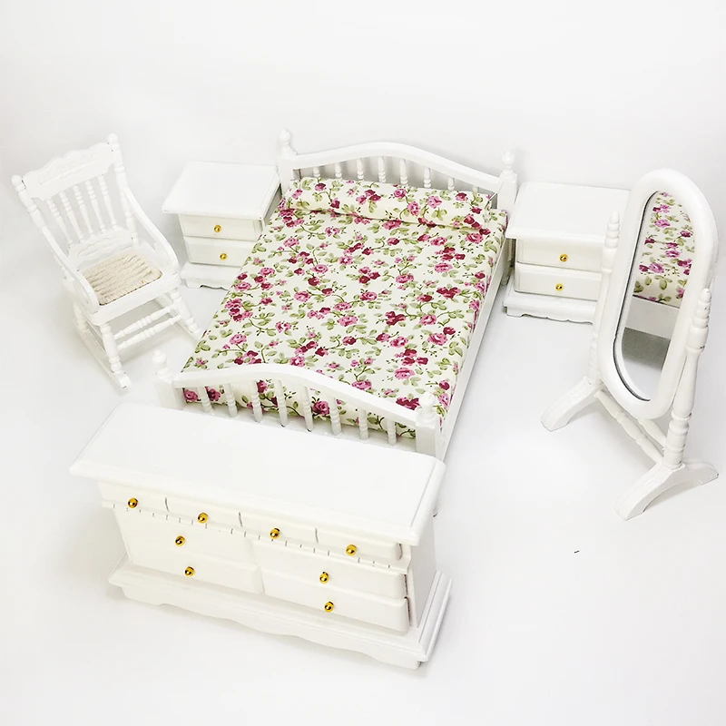 Dollhouse Miniature White Furniture Bedroom Set Doll House Bed Chair Cabinet Dresser Mirror For Dolls Accessories