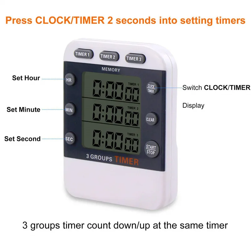 Digital Timer 99 Hour TripleCount Down/Up Clock Timer Kitchen Cooking Timer with Large LCD Display Loud Alarm Magnet Bracket