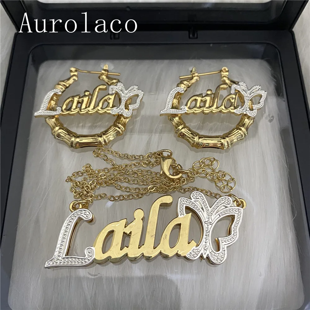 AurolaCo Custom Name Jewelry Set With Butterfly New Ladies Hoop Earrings Custom Name Earrings Gold Heart Earrings Holiday Gifts