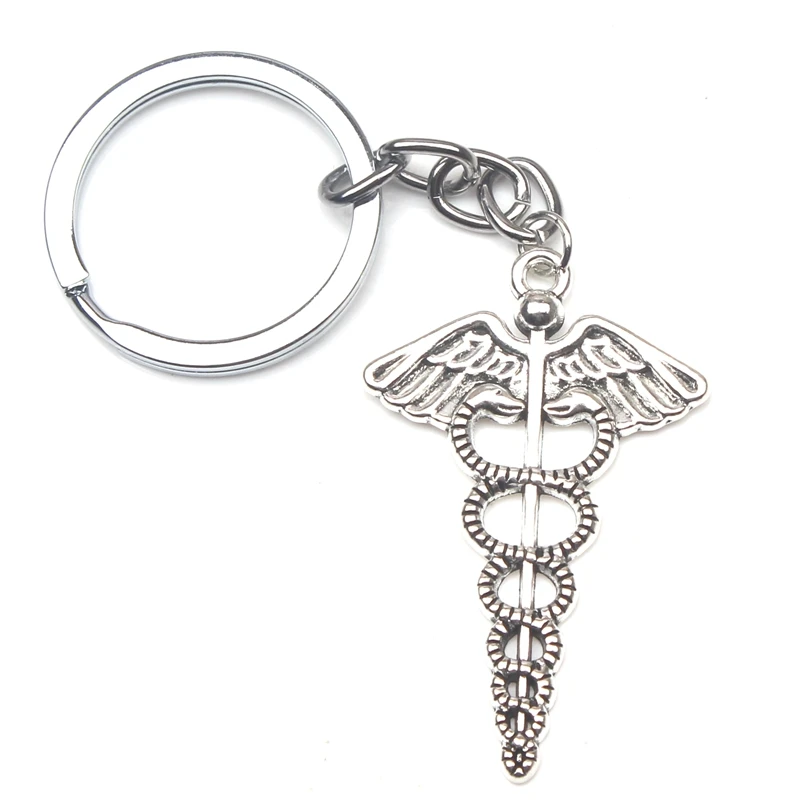 New Cute Keychain Caduceus Medical Symbol,Vintage Jewelry Accessories Funny Gift 49x30mm Pendant Antique