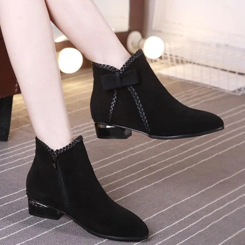 Fashion Short Boots Women Buckle Decoration Shoes Thick Heel Pointed Winter Warm Ankle Boot Casual Elegant Suede Boot Size 42