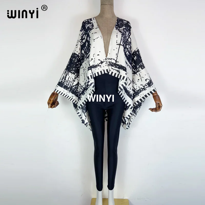 

New Printy Middle East Lagenlook Short cardigan suit summer Beach clothes Batwing Sleeve abaya Silk top dresses for women WINYI