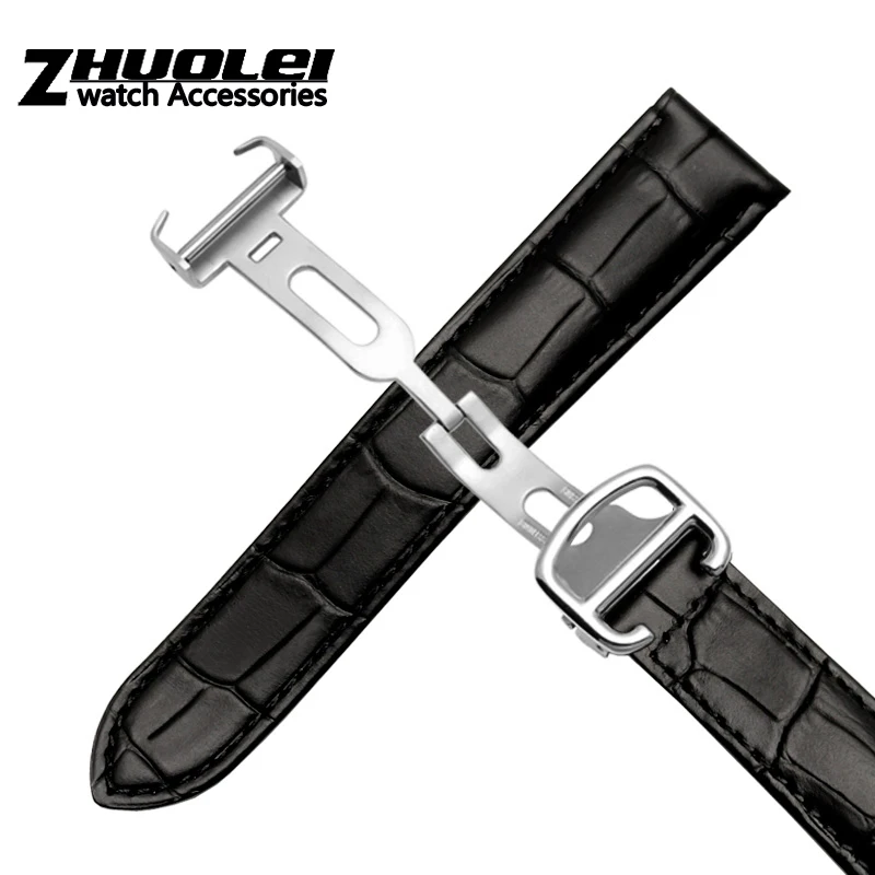 high Quality Black Brown Genuine Leather Watchband with Folding buckle for tank 16 17 18 20 22 23 24 25mm straps