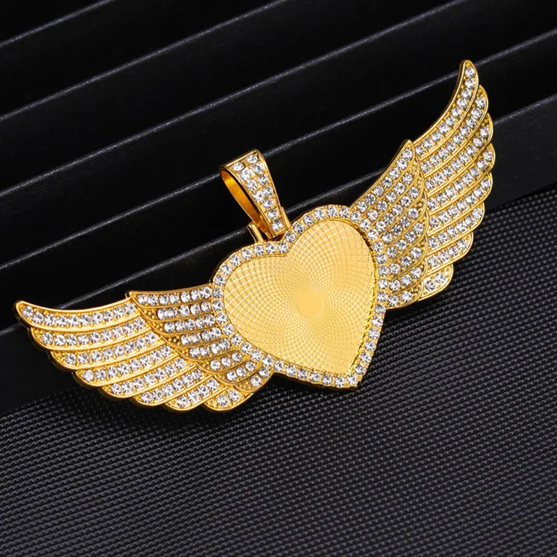 10PCS Wings Pendant Bezels Heart Cabochon Base 25/30mm Diamond Blank Trays For Hip Hop Necklaces DIY Jewelry Making Findings