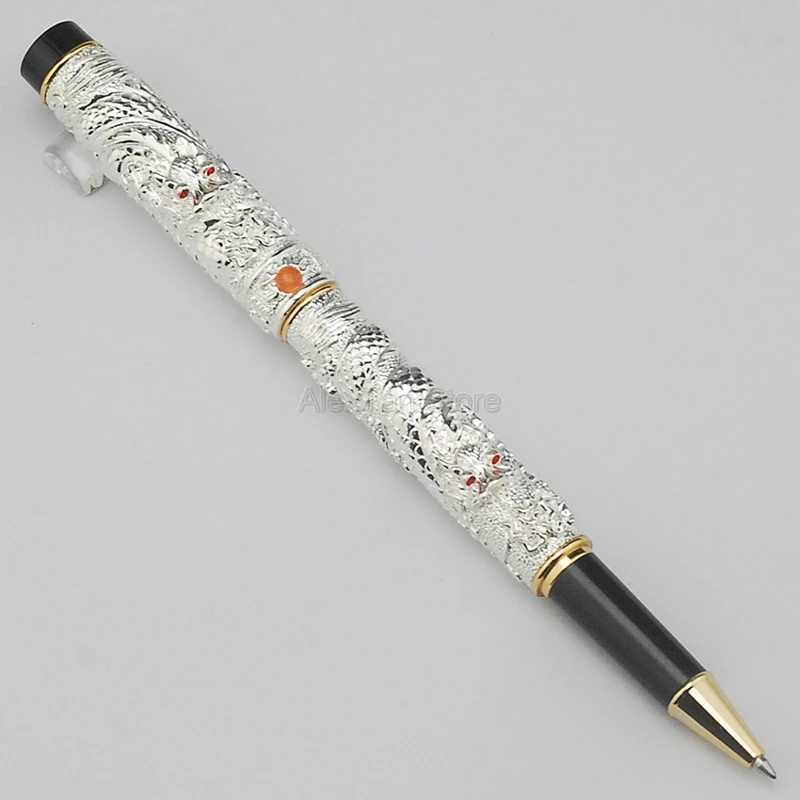 

Jinhao Business Rollerball Pen Silver Small Double Dragon Playing Pearl Metal Carving Embossing Heavy Pen For Office & School