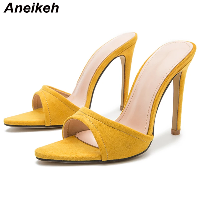 Aneikeh Femmes Mules Summer NEW 2024 Head Peep Toe Flock Slippers Fashion Leisure Shallow Retro Stiletto Heels Ladies Shoes 42