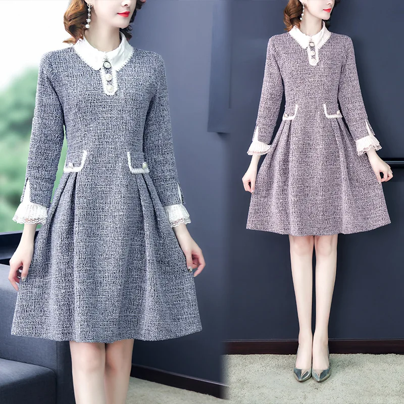 Autumn and winter new ladies temperament nine-point sleeve doll collar small fragrance high-quality thick tweed stitching dress