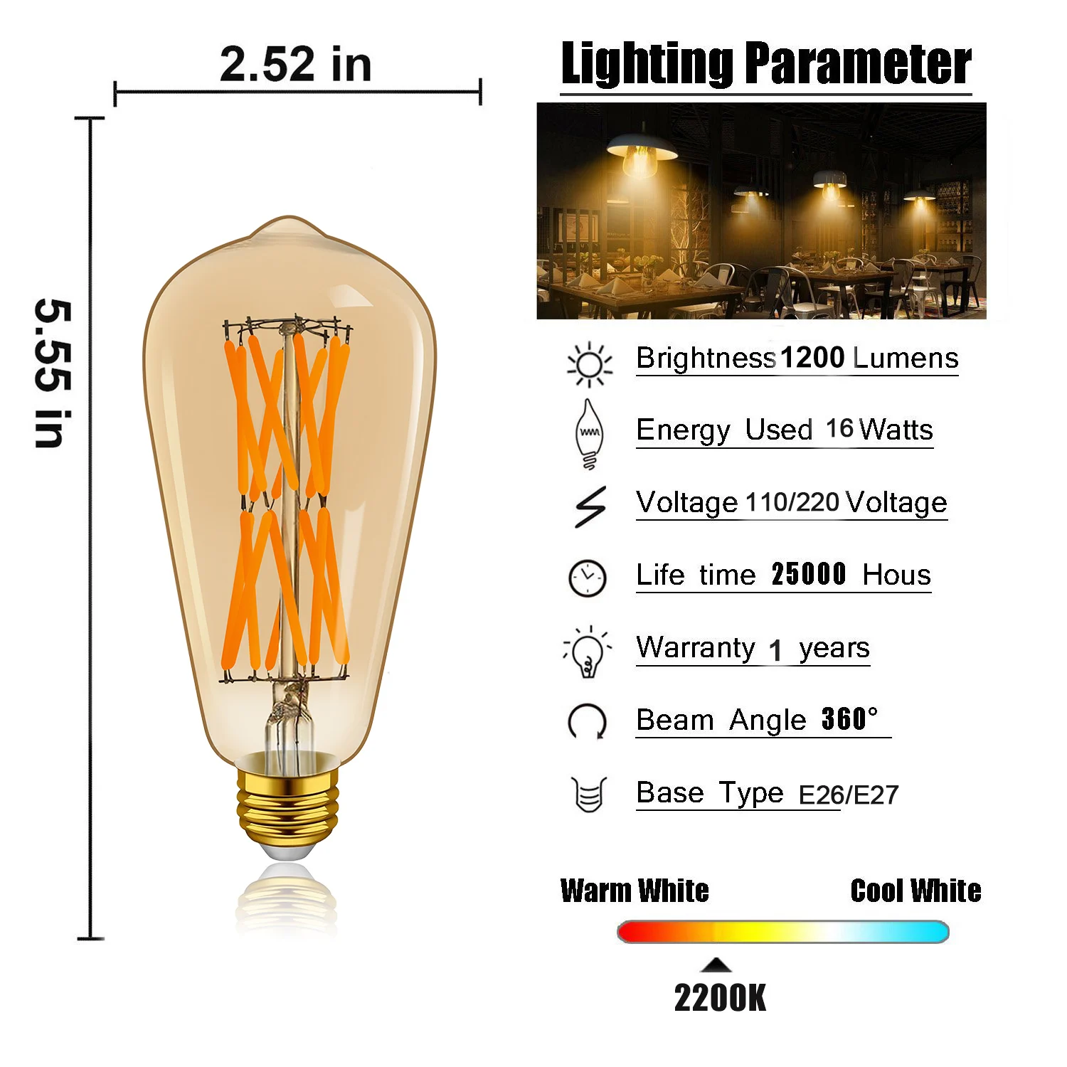 ST64 12W 16W Edison LED Filament Bulb lamp 220V E27 Vintage Antique Retro Edison Replace 160W Incandescent Light Decorative bulb