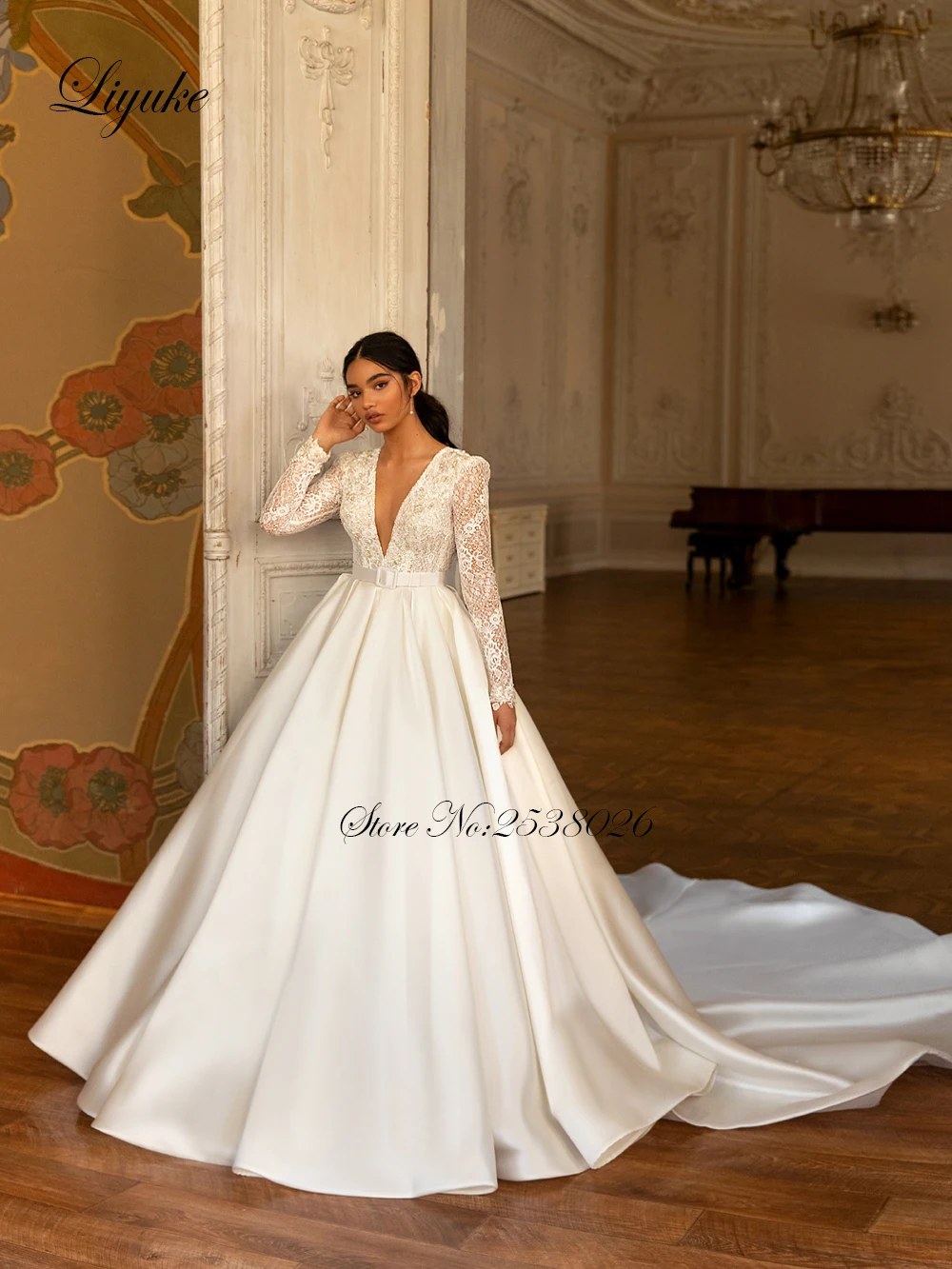 Liyuke Custom Made Luxury A Line Wedding Dress White Color Stain Skirt With Sexy V Neckline Full Sleeve Bridal Dress Backless