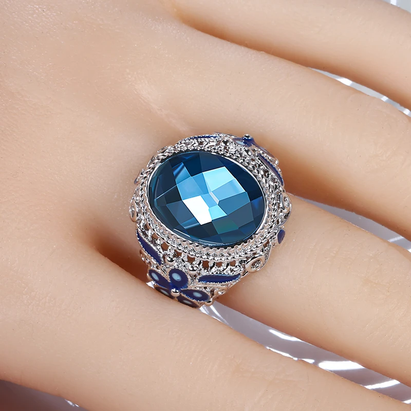 Kinel Chinese Style Colorful Enamel Ring for Women Fashion Tibetan Silver Blue Glass Stone Ring Vintage Jewelry Wholesale