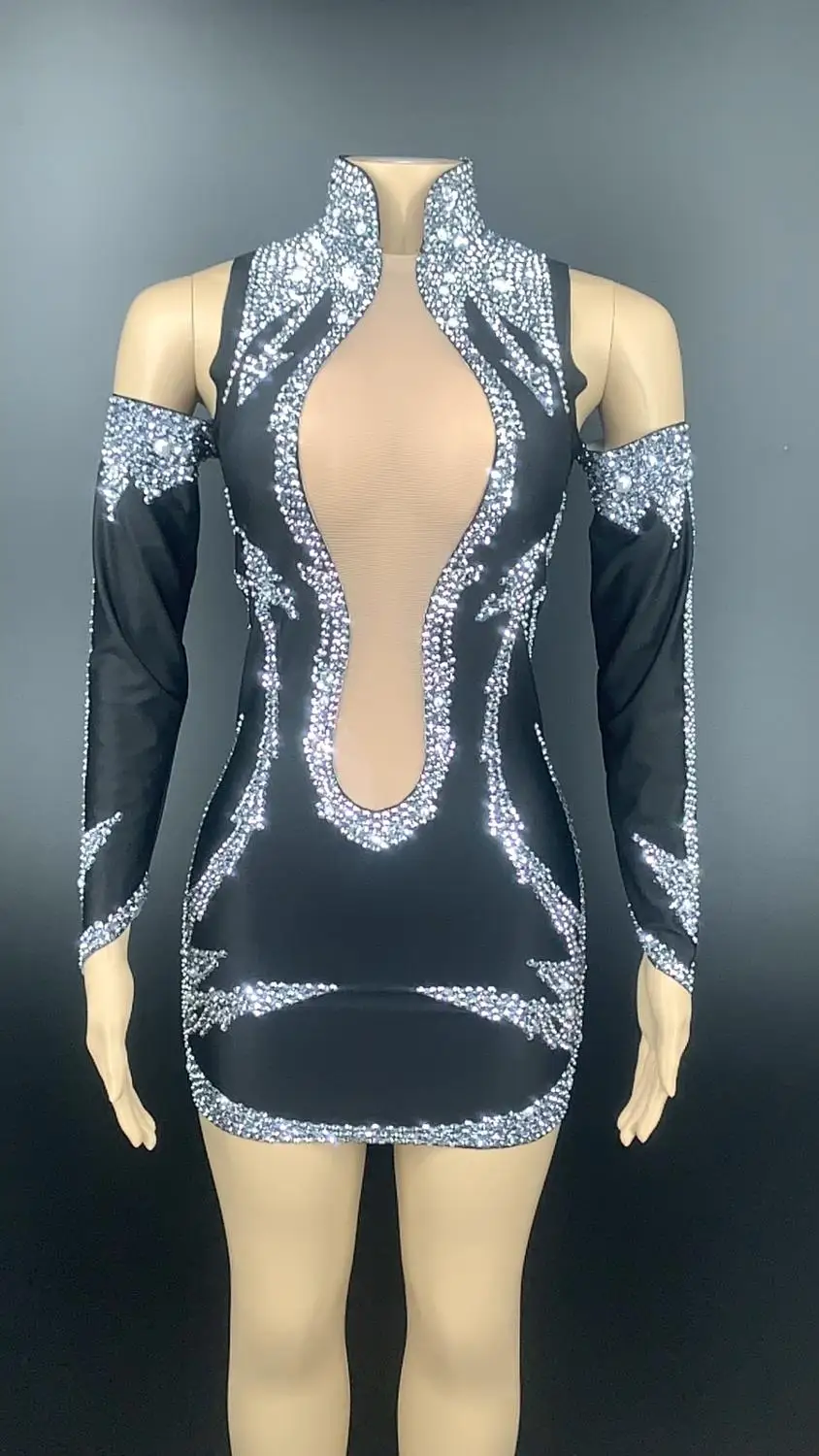 Women Prom Party Birthday Dresses Sparkly Silver Rhinestone Black Dress Sexy Transparent Short Dress Bar Nightclub Dance Costume