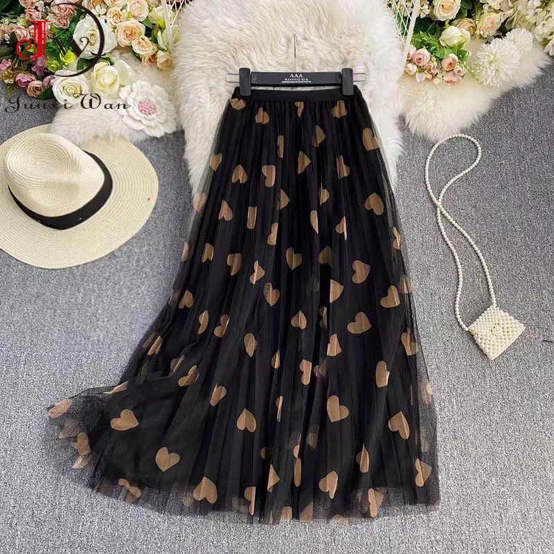 2022 Spring and Summer Mesh Long Women\'s Skirts High Waist Love Printed Elegant A-Line Pleated Skirt Fashion New