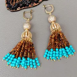 YYGEM natural Natural round yellow Tiger Eye Blue Turquoise Cz pave gold color plated  Cap Leverback Earrings