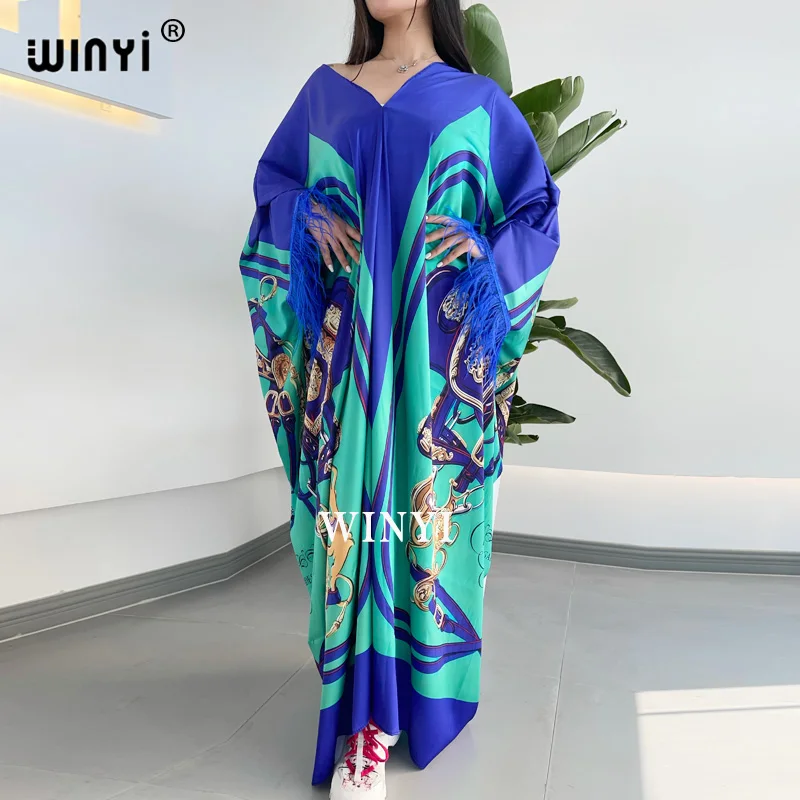 

2021 WINYI sukienka Dresses For Women Dashiki Snake new Clothes Bazin Broder Riche Sexy Feather Sleeve Robe Evening Long Dress