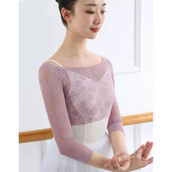 Women Crop Top Ballet T shirt Lace Dance Tops Ballerina Dancewear Half Sleeve Ballet Clothes Classic Costumes for Dancing Tops