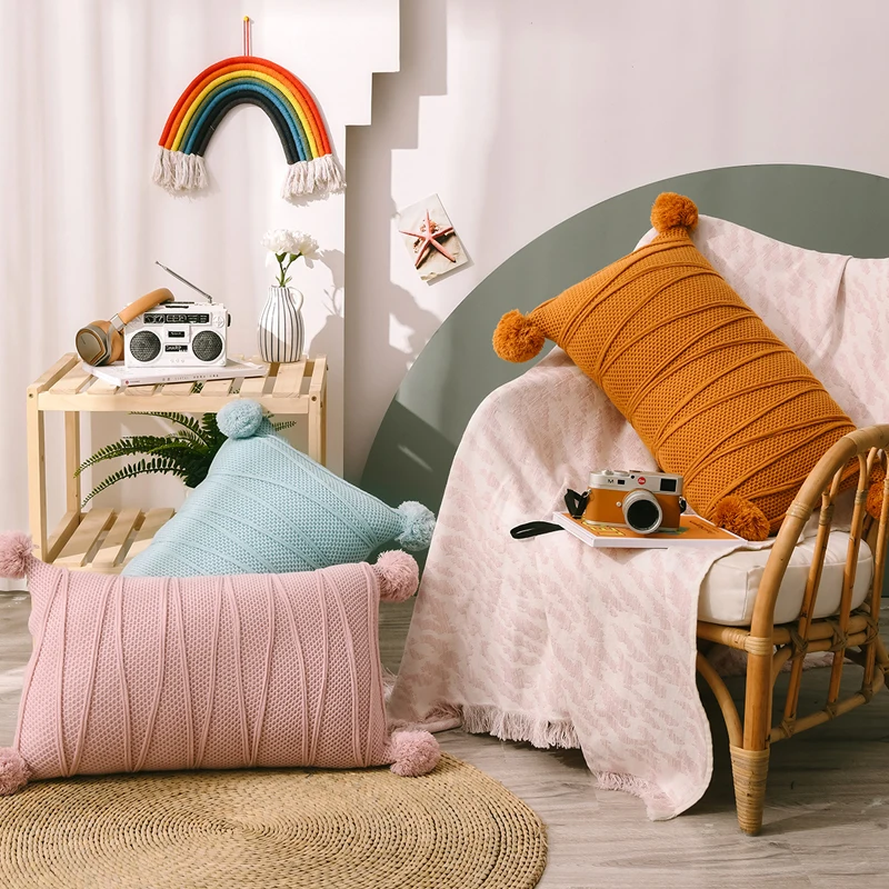 Pompoms Cushion Cover Rectangle Pink Blue Orange Pillow Case 35*55cm Soft Knit Home decoration Pillow Cover for Living room Sofa