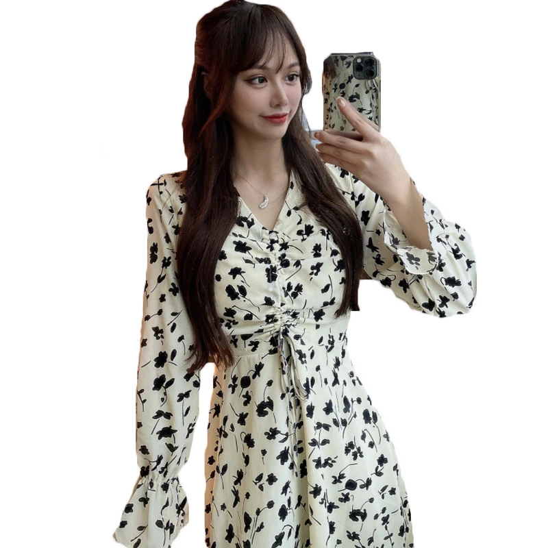 

Fashion Women's Clothing 2022 Spring Autumn New Korean Long Sleeve Waist Slim Floral Dress 166B