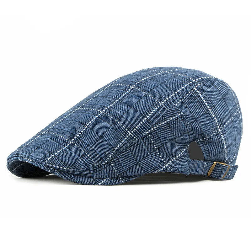 Spring Summer Newsboy Caps Men Plaid Cotton Flat Peaked Cap Women Painter Beret Hats 19