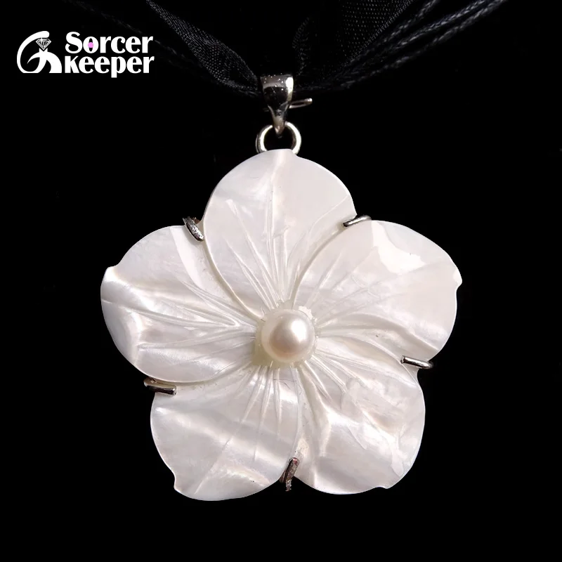 SorcerKeeper Fashion Natural Black Pearl & Hand-carved SeaShell Peach Flower Women Necklaces & Pendants Jewelry BD723