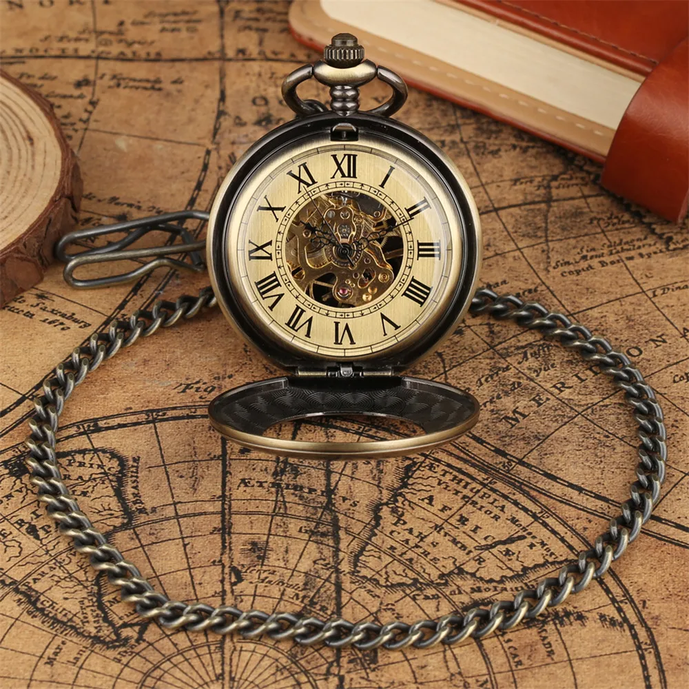 Smooth Bronze/Black/Silver Hollow Circle Manual Mechanical Pocket Watch Male Hand-Winding Antique Mechanical Pendant Clock