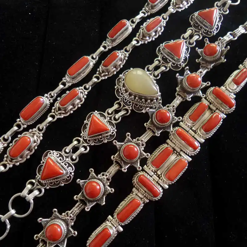 Nepal 925 Sterling Silver Vintage Jewelry Inlay Bamboo Coral Chain Bracelets for Girls T9005