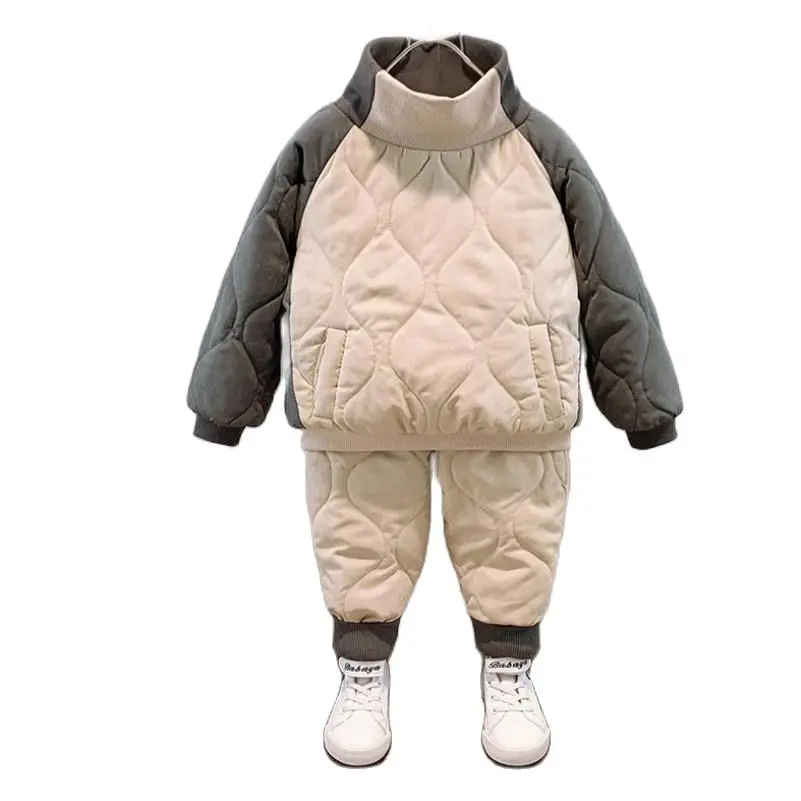 Boys Girls Set Winter Plush Thickened Cotton Clothes 2024 New Splicing High Collar Pullover+Pant Kids Suits Children Clothing