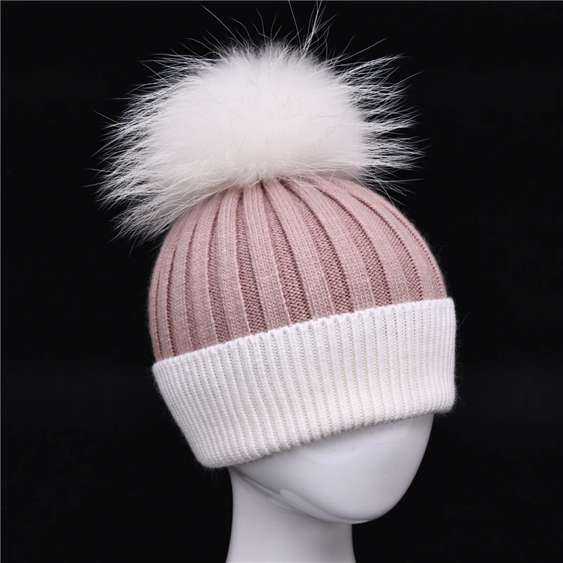 Kids Winter Real Fur Hat Children Knitted Cap Real Big Fur Pom Pom Hat Wool Beanies Warm Baby Real Raccoon Fur Ball Winter Hats