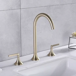 Tuqiu Basin Faucet Lavatory Mixer Tap Brass Widespread Rotation Sink tap Brass sink faucet 8 inch Three Hole Brush Gold
