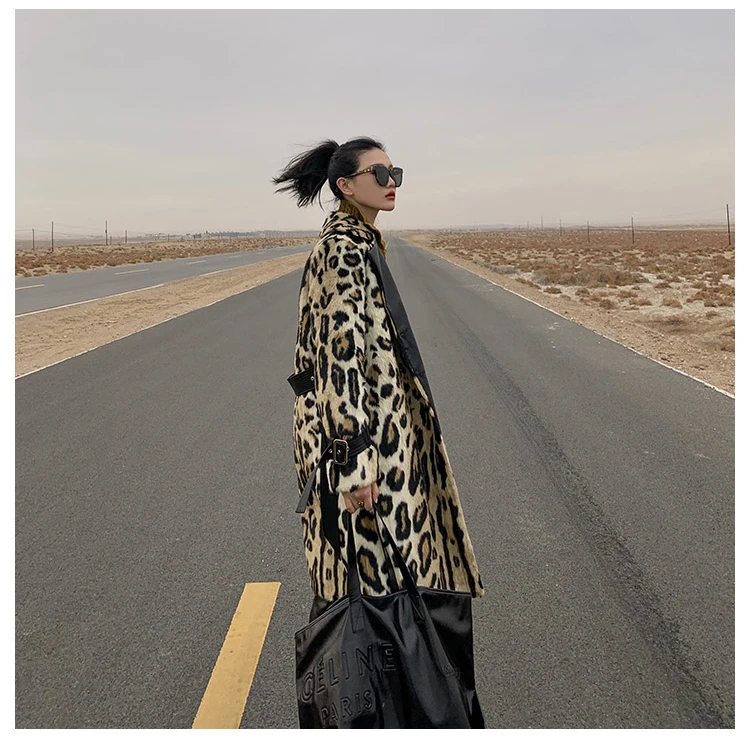 Lautaro Winter Long Leopard Print Warm Fluffy Faux Fur Trench Coat for Women Long Sleeve Double Breasted European Fashion 2021
