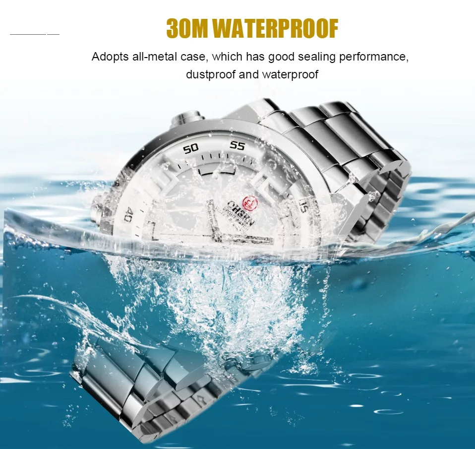 Fashion Sport Watch Men Digital Quartz LED Steel Strap Man Dual Time Watch 3ATM Waterproof Military Wristwatches Relogios