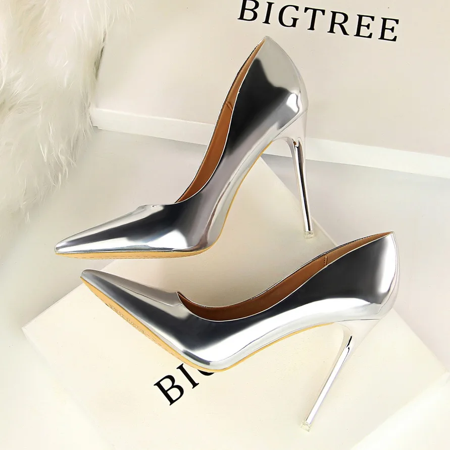 BIGTREE sepatu wanita hak 10.5Cm kulit paten modis, sepatu pump pernikahan stiletto mewah, sepatu jamuan makan ukuran Plus 42 43