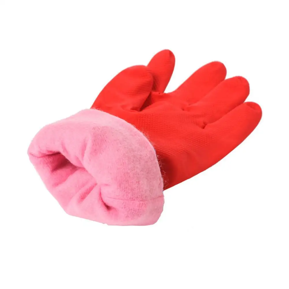 1Pair Long Rubber Velvet Household Gloves Dishwashing Rubber Waterproof Antiskid Thicken Warm Gloves Scrubber Kitchen Cleaning