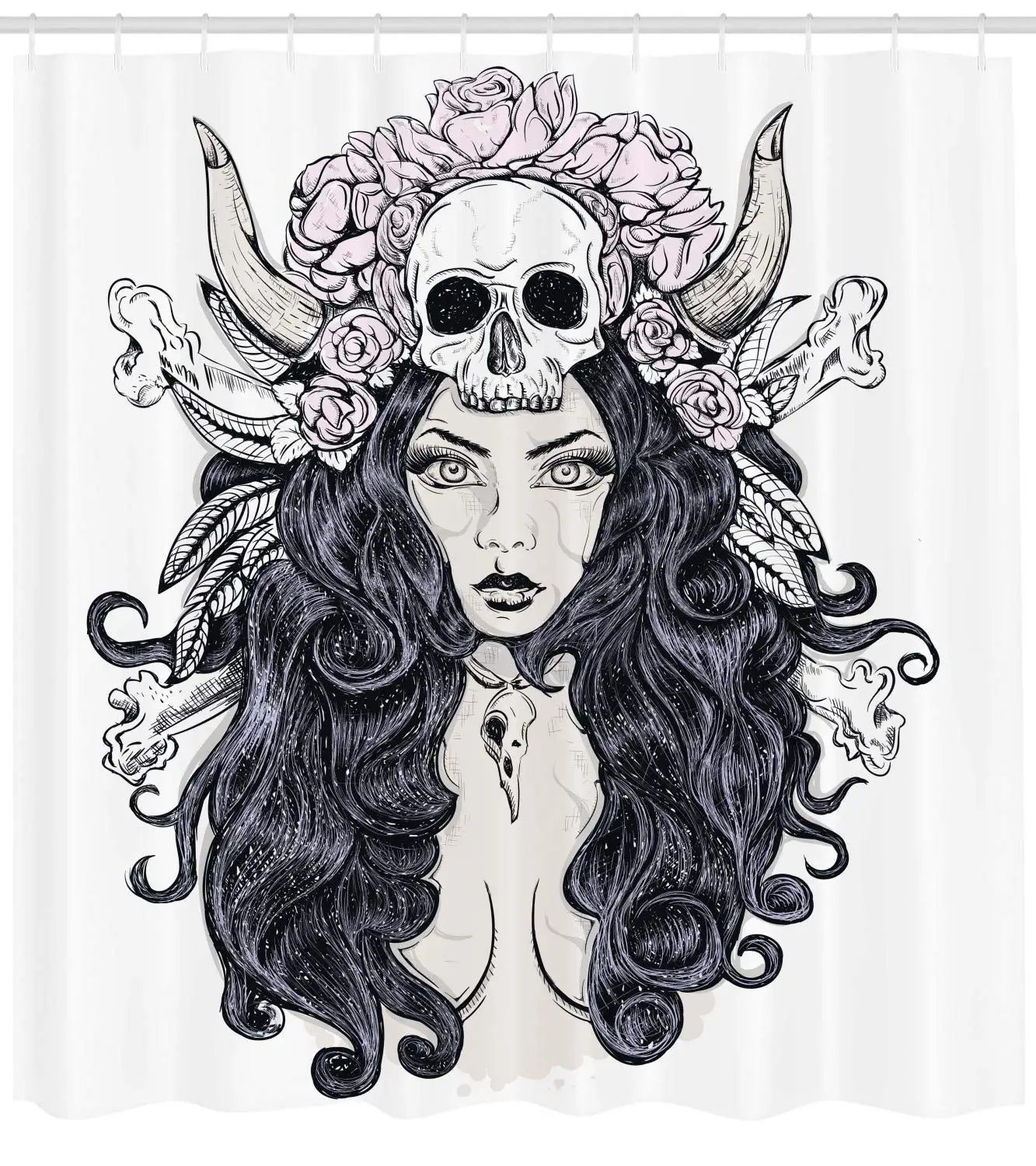 Gothic Decor Collection Woman with Long Hair and Horns Roses Skull Mysterious Hunted Folklore Artwork Polyester Bathroom Shower