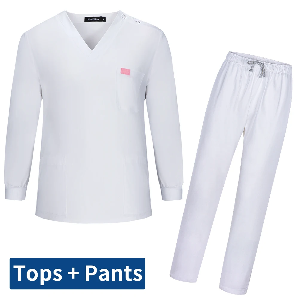 Conjunto de ropa de médico Unisex, Top con cuello en V y pantalones, uniforme de manga larga, monos de aseo para mascotas, uniforme de enfermería, ropa de trabajo quirúrgica