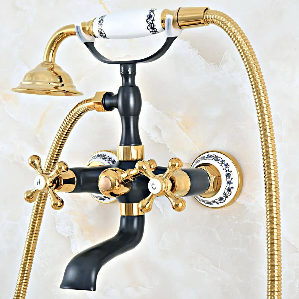 

Black Gold Wall Mount Bathtub Tub Mixers Two Cross Handles Bathroom Bath Shower Faucet with Handshower zna461