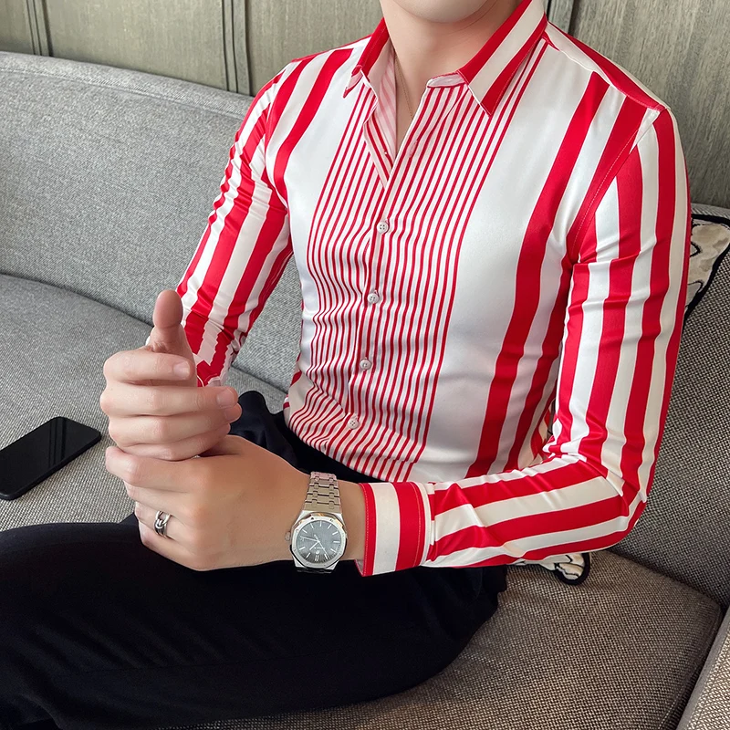 British Style Striped Shirts Mens Long Sleeve Business Formal Dress Shirt Casual Slim Fit Dress Streetwear Social Party Clothing