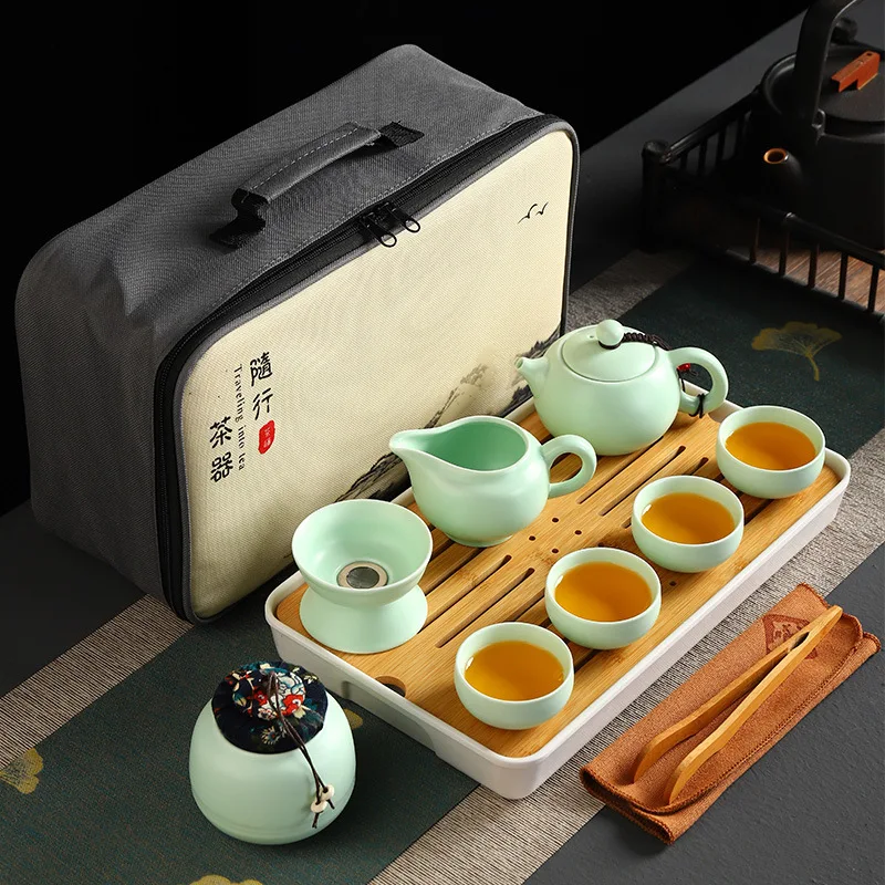 Portable Kungfu Tea Set with Teapot,Teacups,Tea Canister,Tea Tray, Gift Bag for Travel,Home,Outdoor,Office