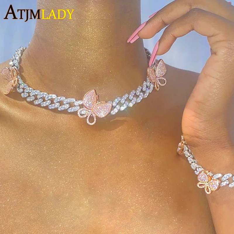 Bling Iced Out 12mm Width Hiphop Colorful Rainbow Cz Cuban Link Chain Zircon Big Butterfly Charm Choker Necklace For Women