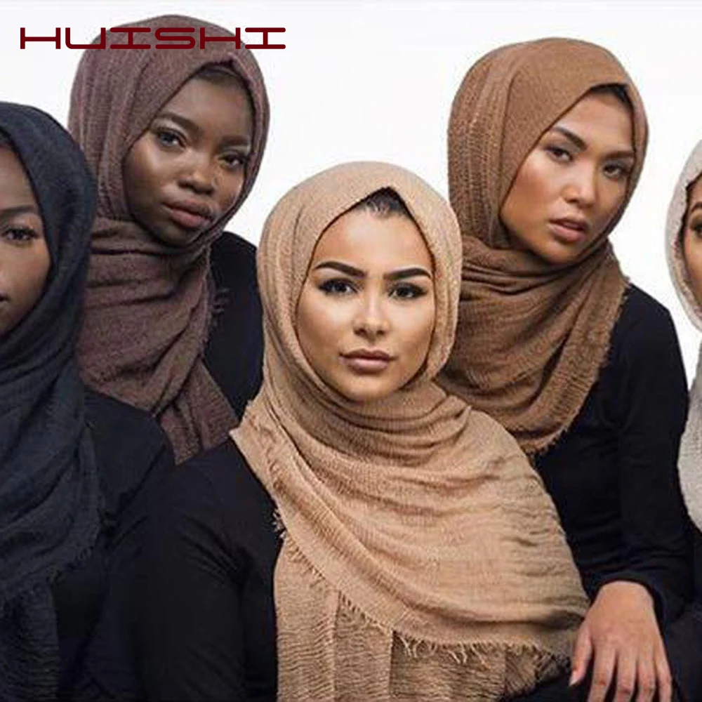 HUISHI Muslim Scarf Women Hijab Bubble Cotton Solid Islam Muslim Head Scarf 70*180cm Women Shawls and Wraps Crinkle Hijab