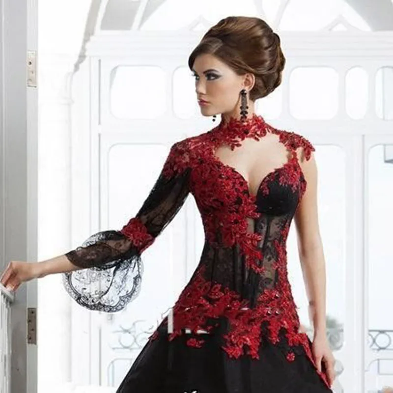 Thinyfull Victorian Gothic Masquerade Wedding Dress High Neck Appliques Beaded Long Sleeve Red and Black Bridal Gown Customized