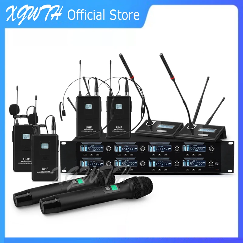 

8 Channel Digital UHF Wireless Microphone System Audio Dynamic Handheld Karaoke Mic Condenser Lavalier Headset Gooseneck Mic