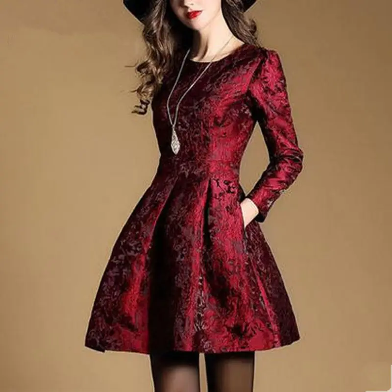 2024 New Autumn Long Sleeve Jacquard Dress Work Casual Party Slim O-neck Printing Dresses Women A-line Vintage Vestidos Spring