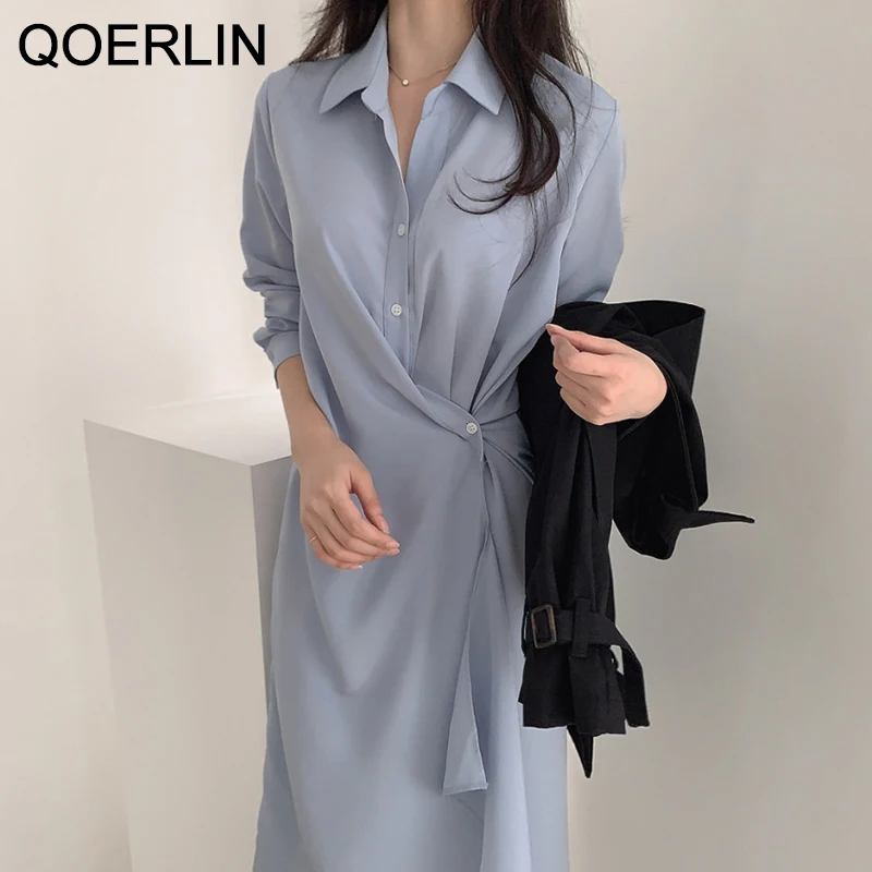 QOERLIN Design Black Blue Long Shirt Dress Women Fashion High Waist Temperament Dress Turn-Down Collar Irregular Button Dresses