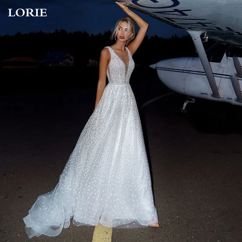 LORIE Dot Tulle Wedding Dresses A Line Sexy V Neck Bridal Gown Open V Back Boho Wedding Gowns For Girls