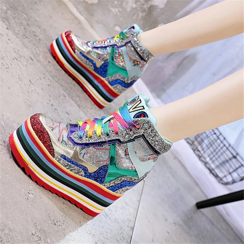 2021 Women Lace Up Genuine Leather Wedges High Heel Ankle Boots Female Shiny Glitter High Top Chunky Platform Fashion Sneakers