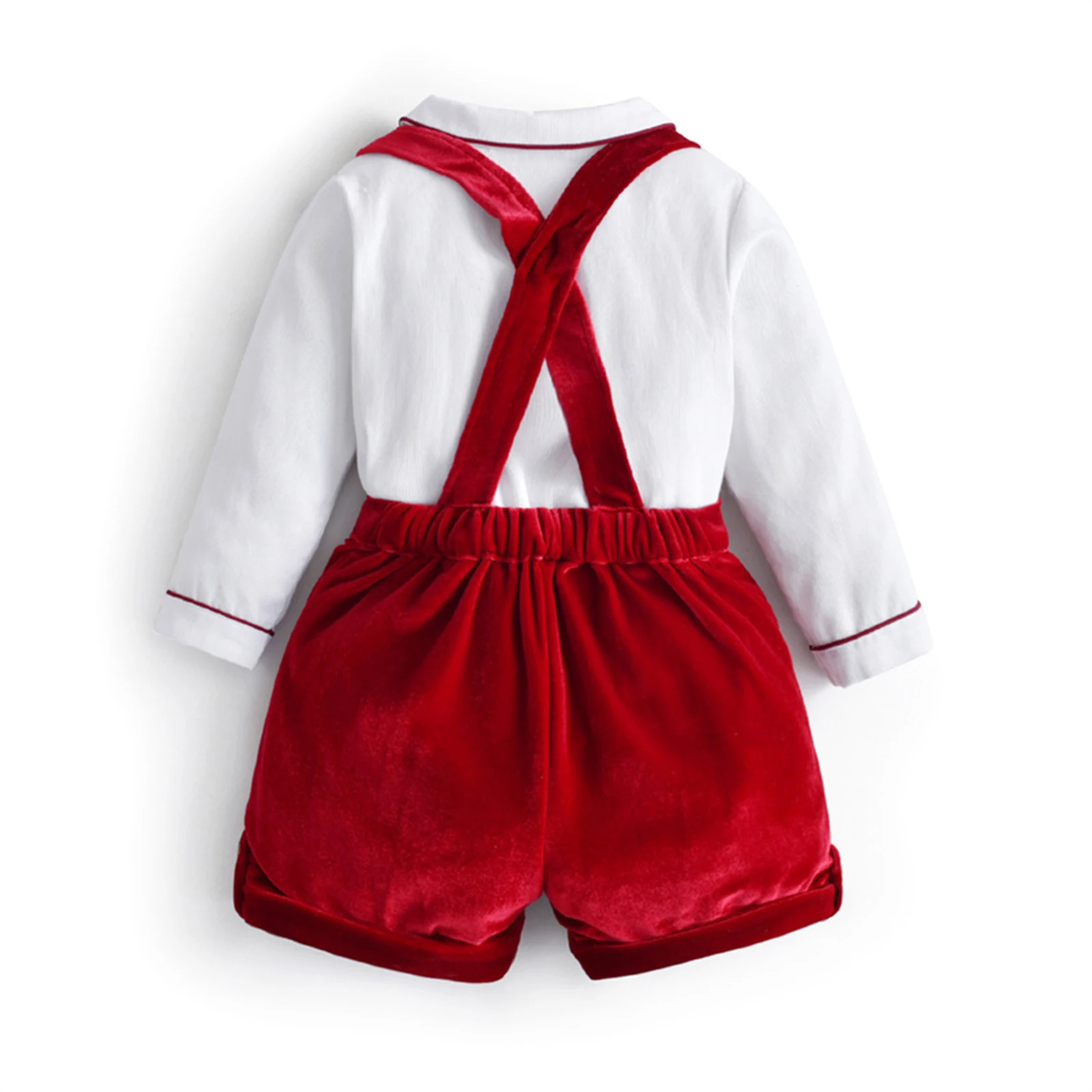 Baby Boys Warm Velvet Outfit Button Down Shirt with Bow Elastic Velvet Suspender Shorts Velvet Hat for Christmas New Year Party