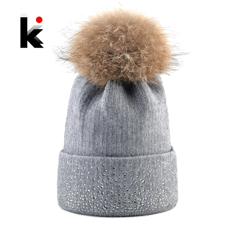 Knitted Wool Beanie With Real Fur PomPom Women Winter Warm Knitting Solid Hats Ladies Rhinestone Skullies Beanies Female Gorras