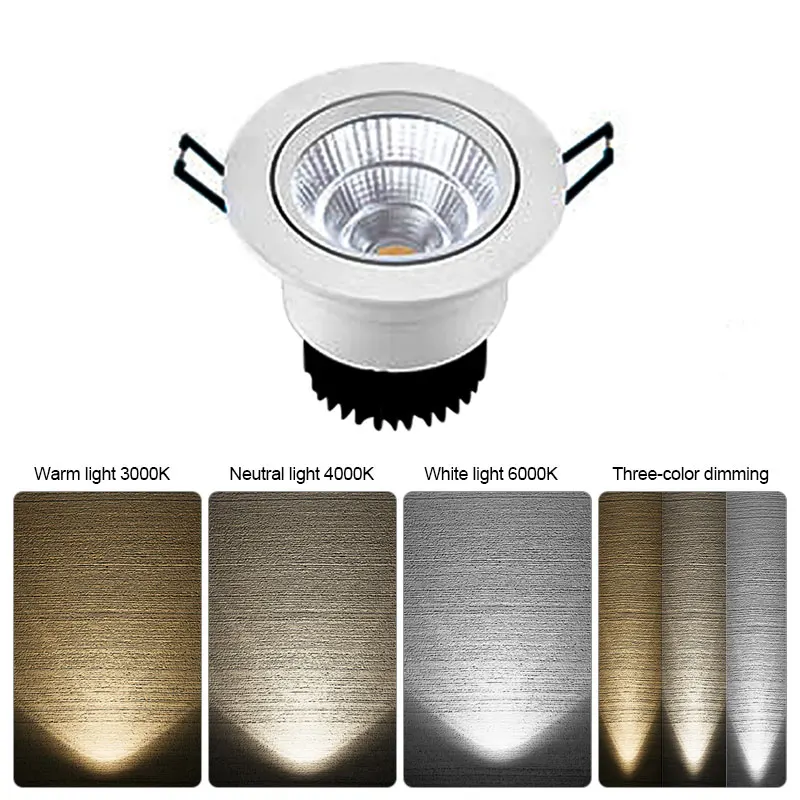 COB 3 kolor światła reflektor Led lampa sufitowa 3W 5W 7W 9W 12W Hotel gospodarstwa domowego wbudowany Downlight aluminium do sypialni kuchnia