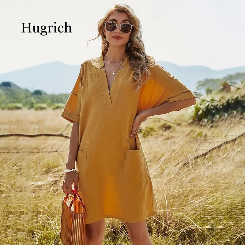 2021 New Women's Solid Color V-Neck Midi Waist A-Shaped Skirt with Big Pockage Casual Loose Short Sleeve Dress for Lady