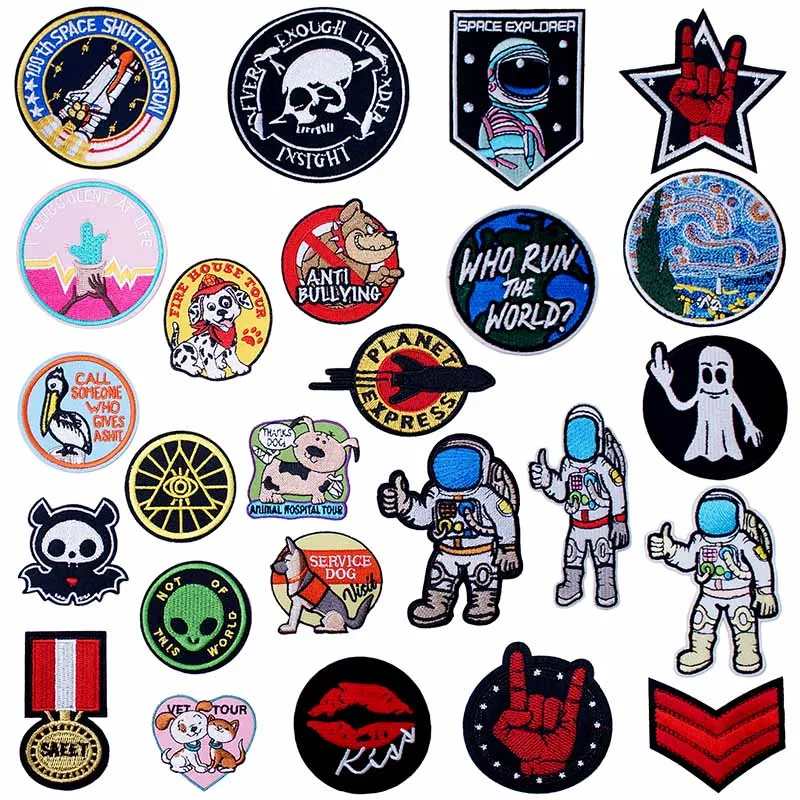 Astronaut Rocket Small Pet Embroidered Iron on Patches for DIY Stripes Clothes Patchwork Sticker Custom Applique